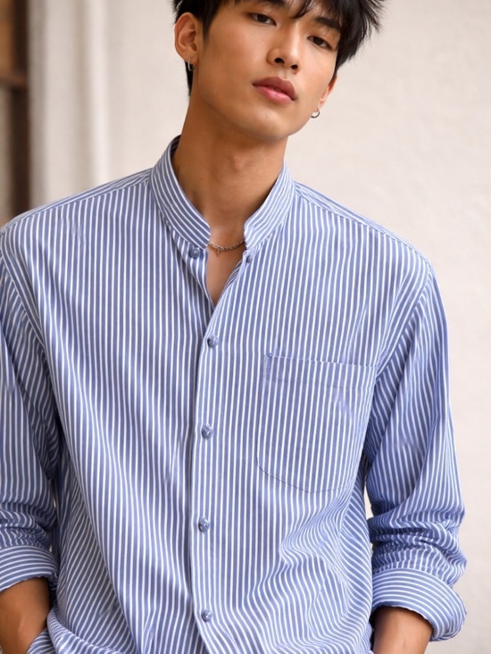 Shanghai tang blue and white striped mandarin collar long sleeve button down XL